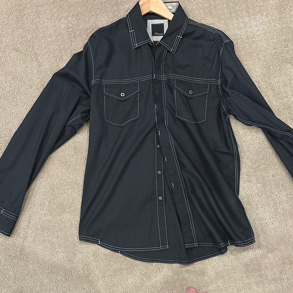Black Button-Up Shirt with White Stitching
